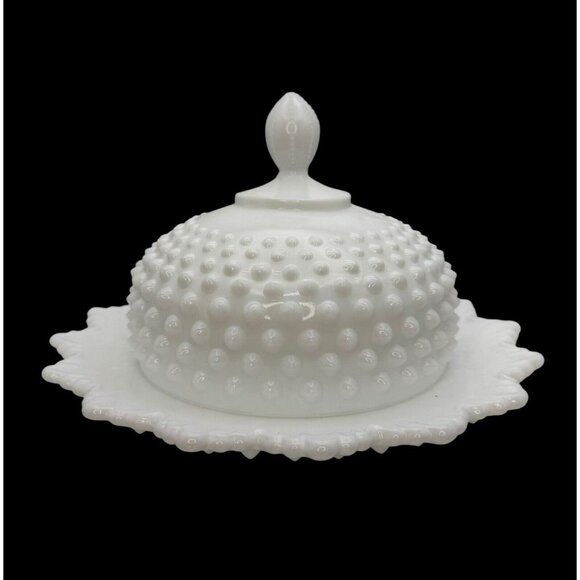 Fenton Hobnail Milk Glass Covered Butter Dish Cheese Dish Round Lidded Tray - Picture 2 of 8